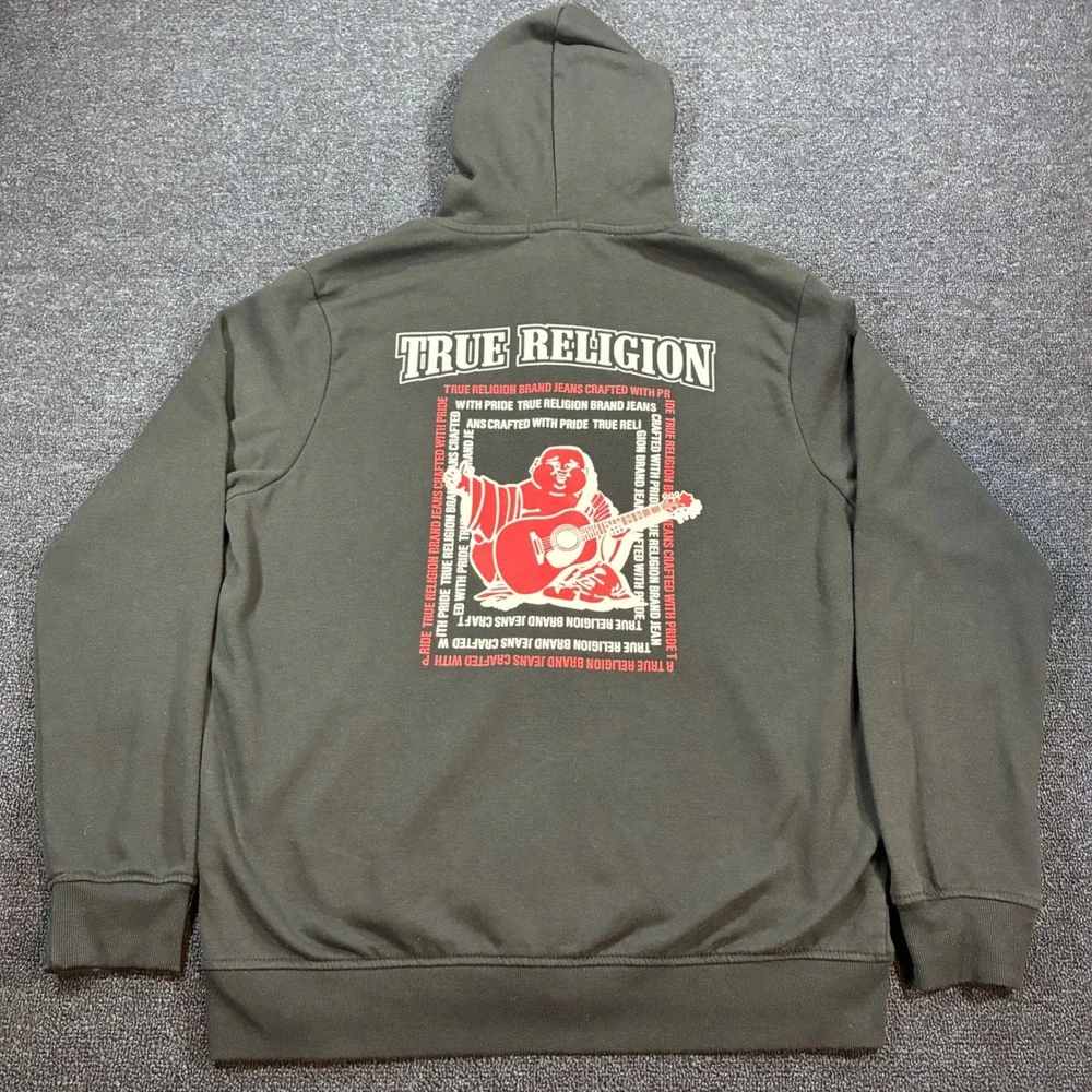 True Religion Buddha Hoodie Mens XL Radiant Zip Up Black Graphic Sweatshirt